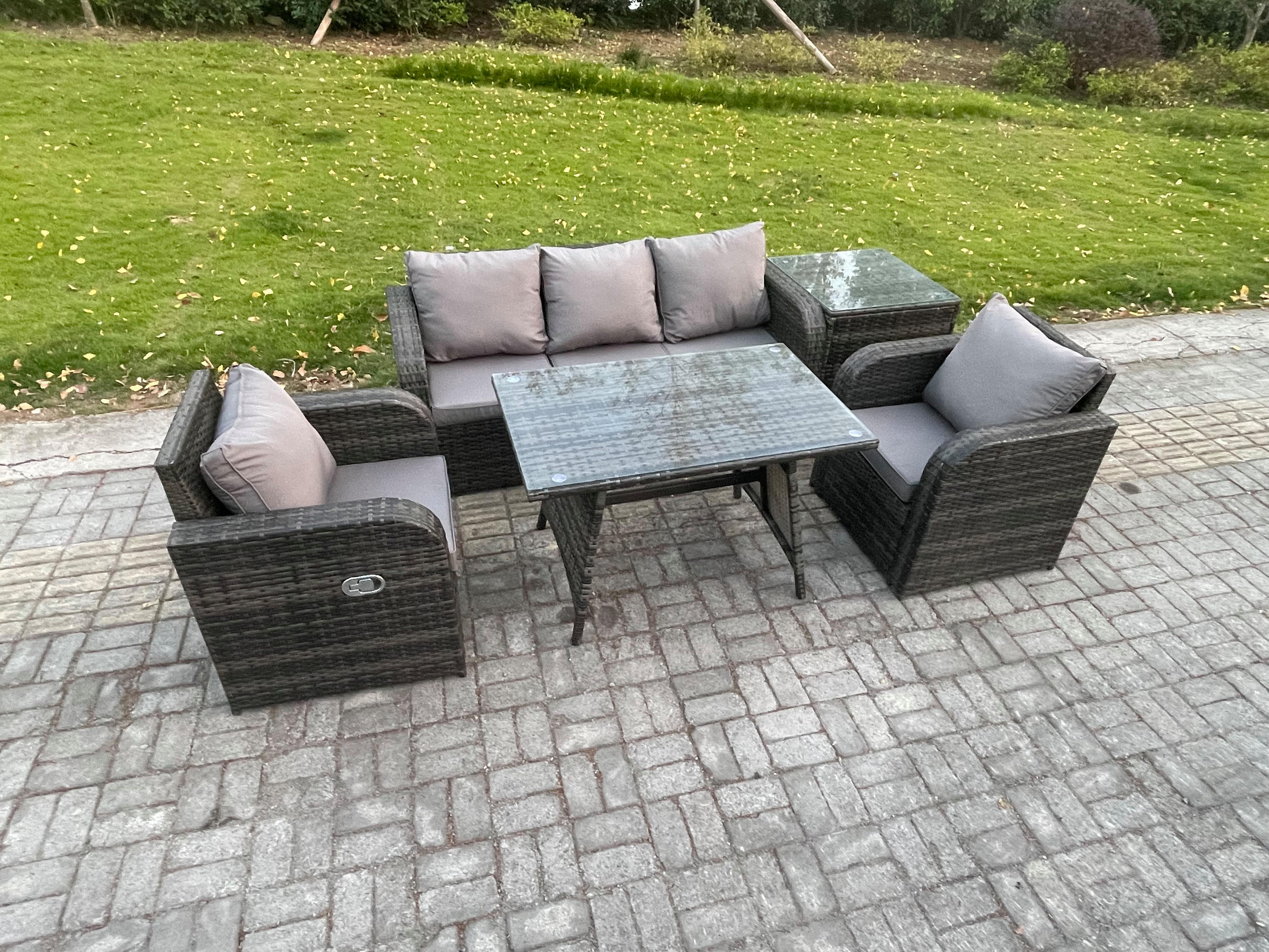 GARTENMÖBEL SET mit COUCHTISCH Polyrattan Dunkelgrau 5-Sitzer - Dunkelgrau/Grau, Glas/Kunststoff - Fimous