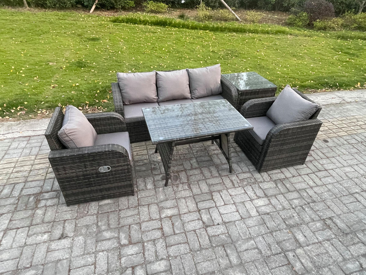 GARTENMÖBEL SET mit COUCHTISCH Polyrattan Dunkelgrau 5-Sitzer - Dunkelgrau/Grau, Glas/Kunststoff - Fimous