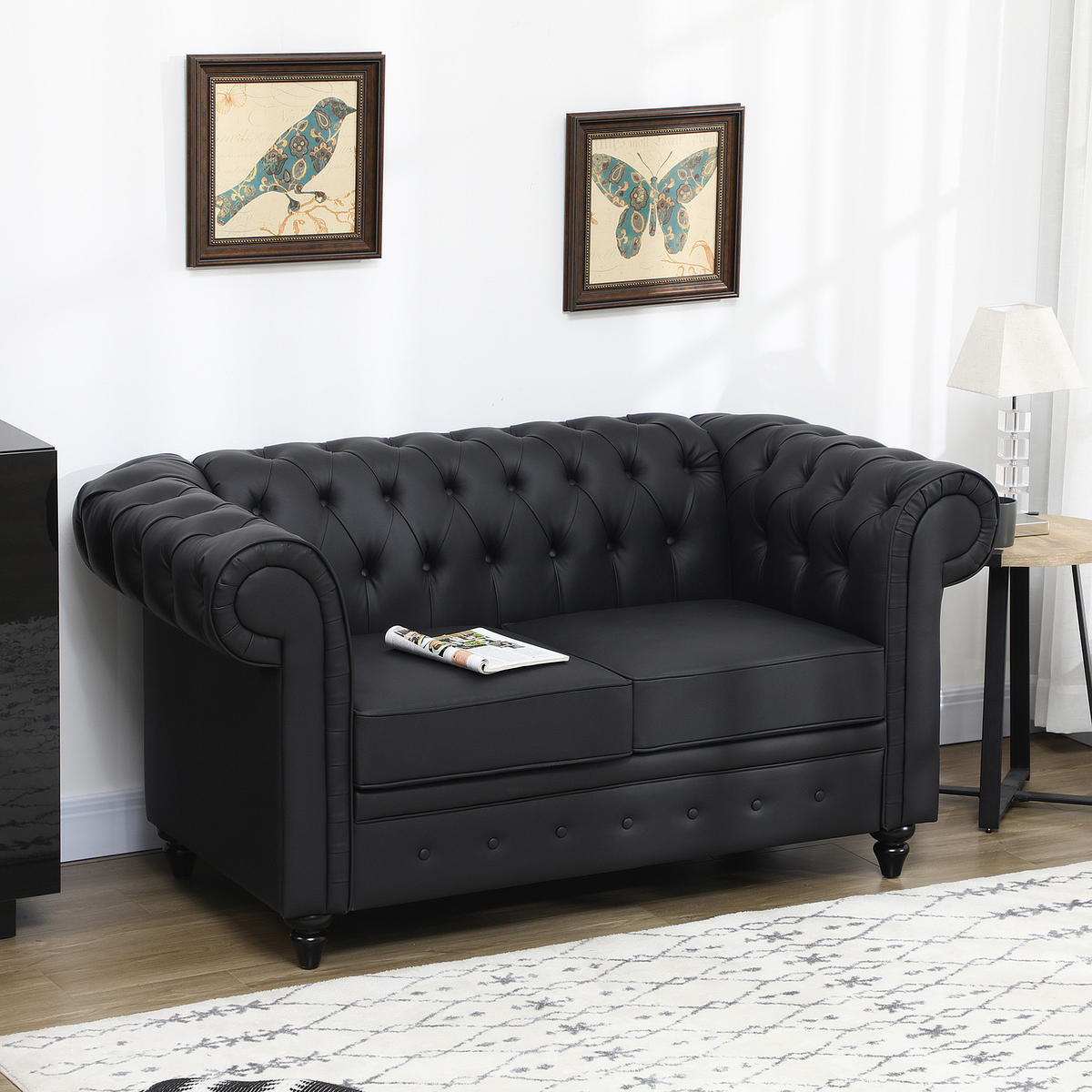 SOFA, 2-Sitzer, Chesterfield, PU-Leder, abnehmbares Kissen, schwarz, 160x84x80cm - Multicolor, Holzwerkstoff (160/80/84cm) - FORIOUS