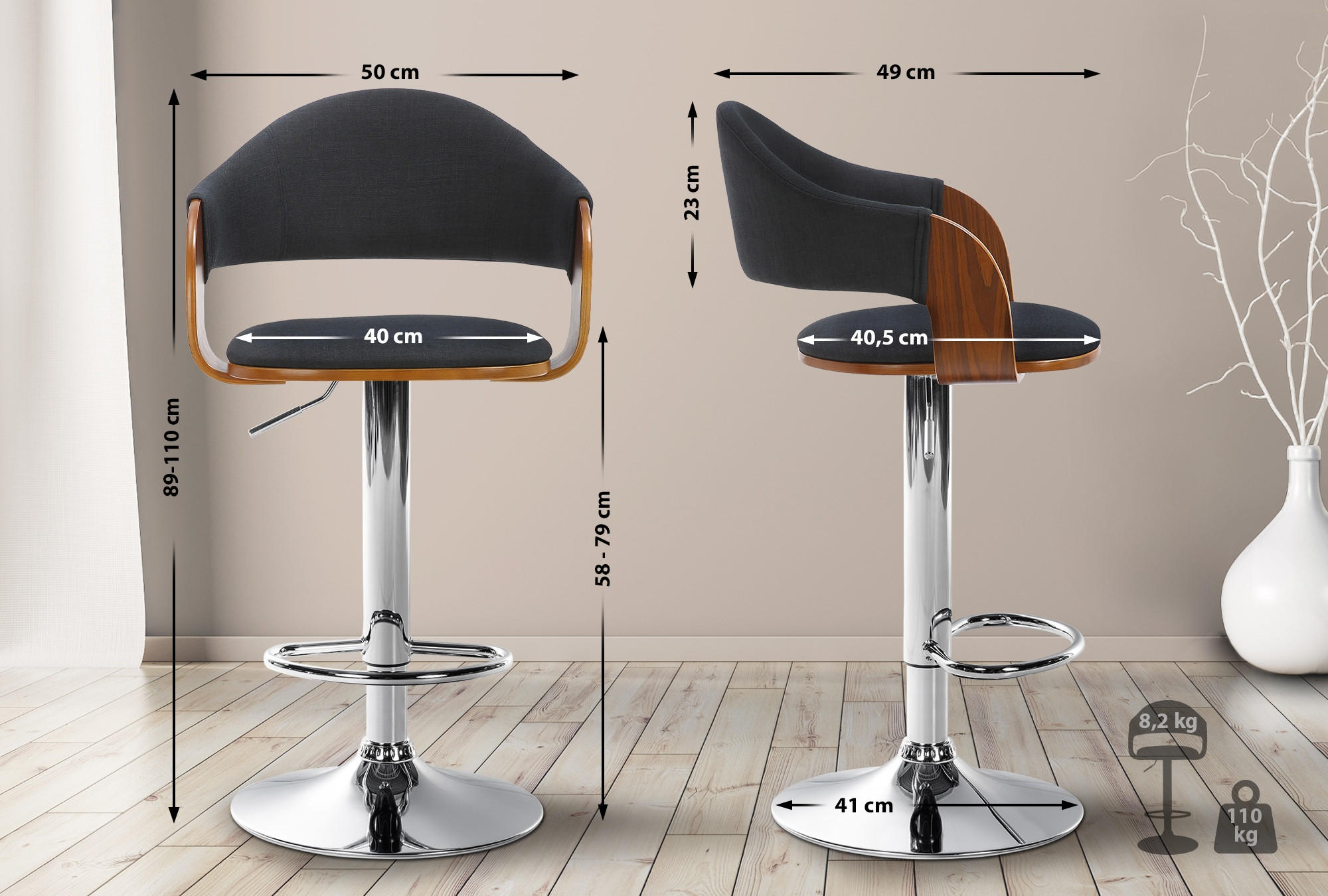 BARHOCKER Stoff walnuss/schwarz - Chromfarben/Schwarz, Textil/Metall (50/89/49cm) - CLP