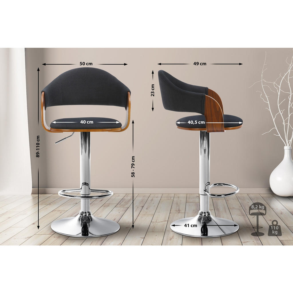 Thumbnail - CLP Barhocker, Schwarz, Walnuss, Textil, 50x89x49 cm, Esszimmer, Barmöbel, Barhocker