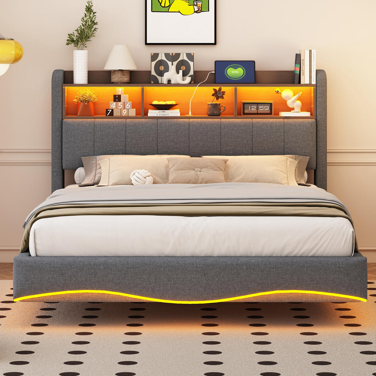ČALOUNĚNÁ postel 140/200 cm šedá z tkaniny s LED osvětlením USB a úložným čelem - šedá, textil (140/200cm) - OKWISH