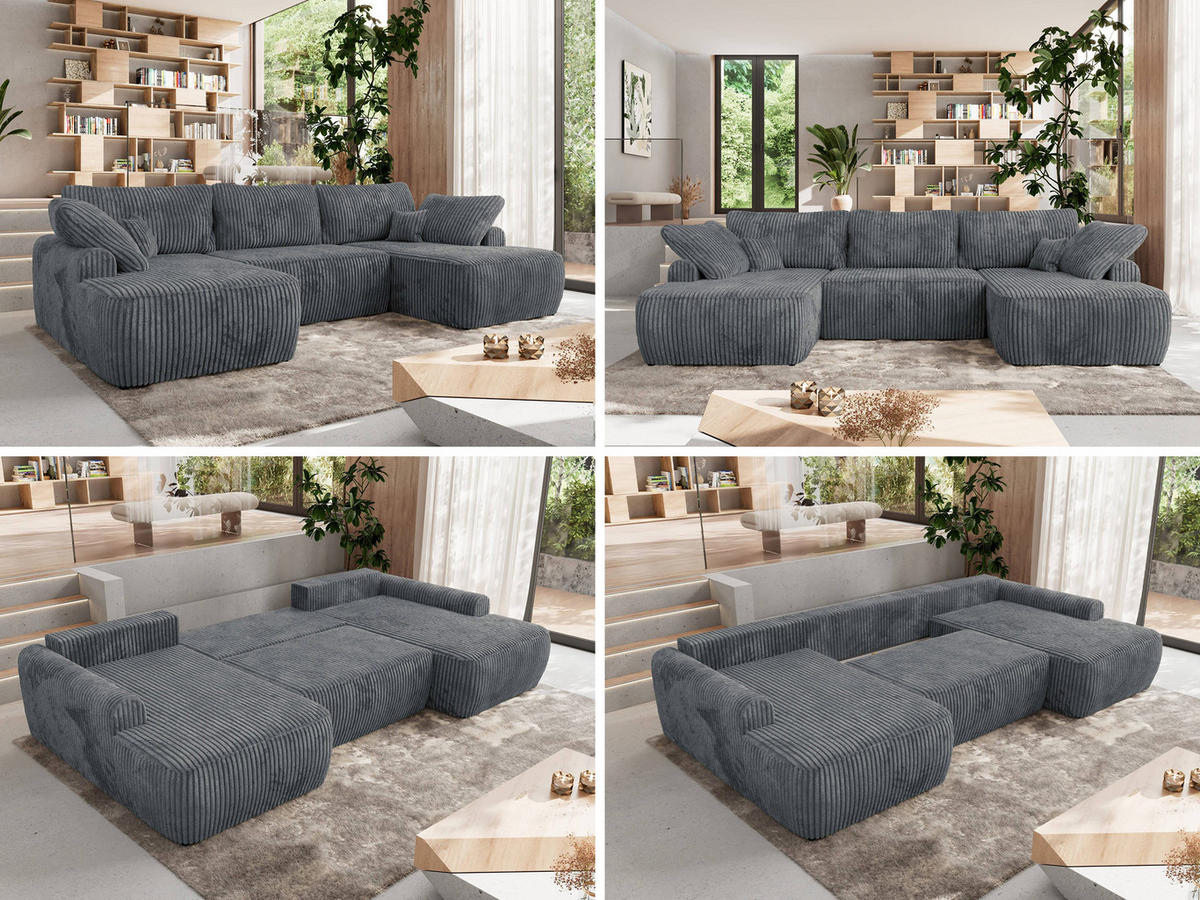 WOHNLANDSCHAFT CUBO U Dunkelgrau Cord - Dunkelgrau/Schwarz, Kunststoff/Textil (370/100/187cm) - MKS