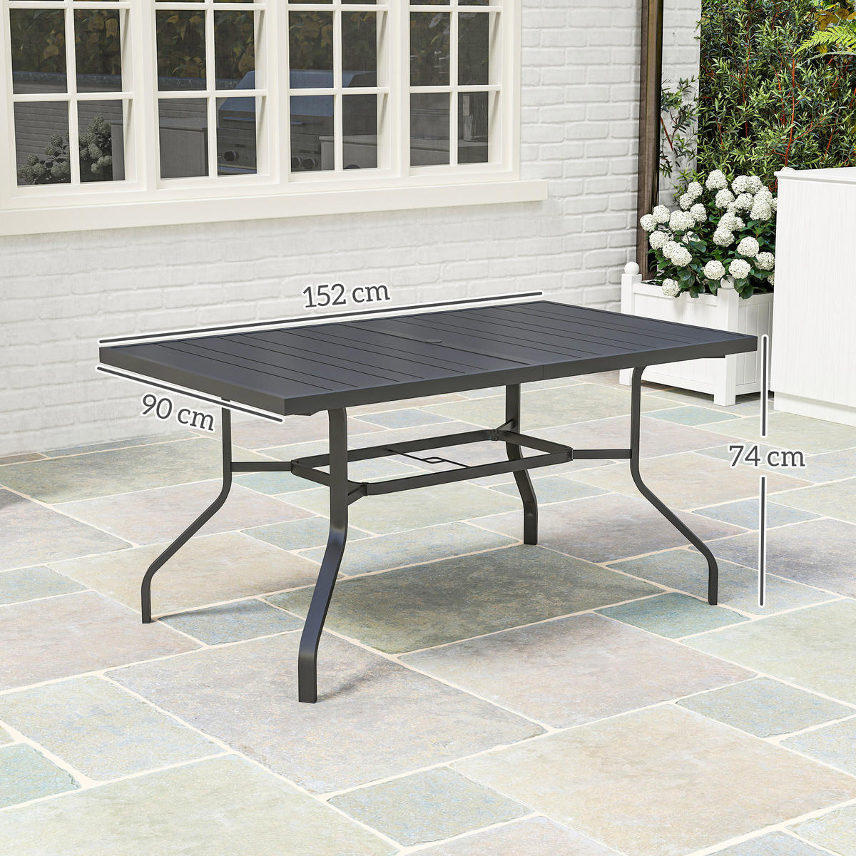 GARTENTISCH 152x90 cm, Wetterfest Balkontisch aus Stahl, mit Schirmloch - Schwarz, Metall (152/90/74cm) - Outsunny