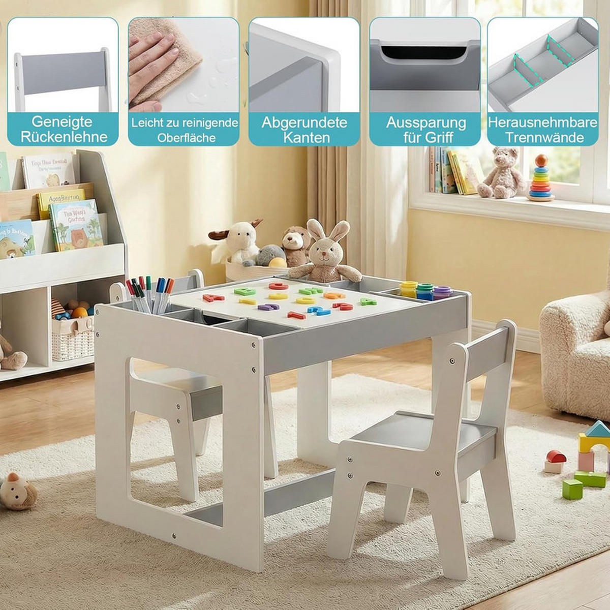 KINDERTISCH mit Stuhl grau(3-tlg) - Grau, Holzwerkstoff (80/48/49cm) - COSTWAY