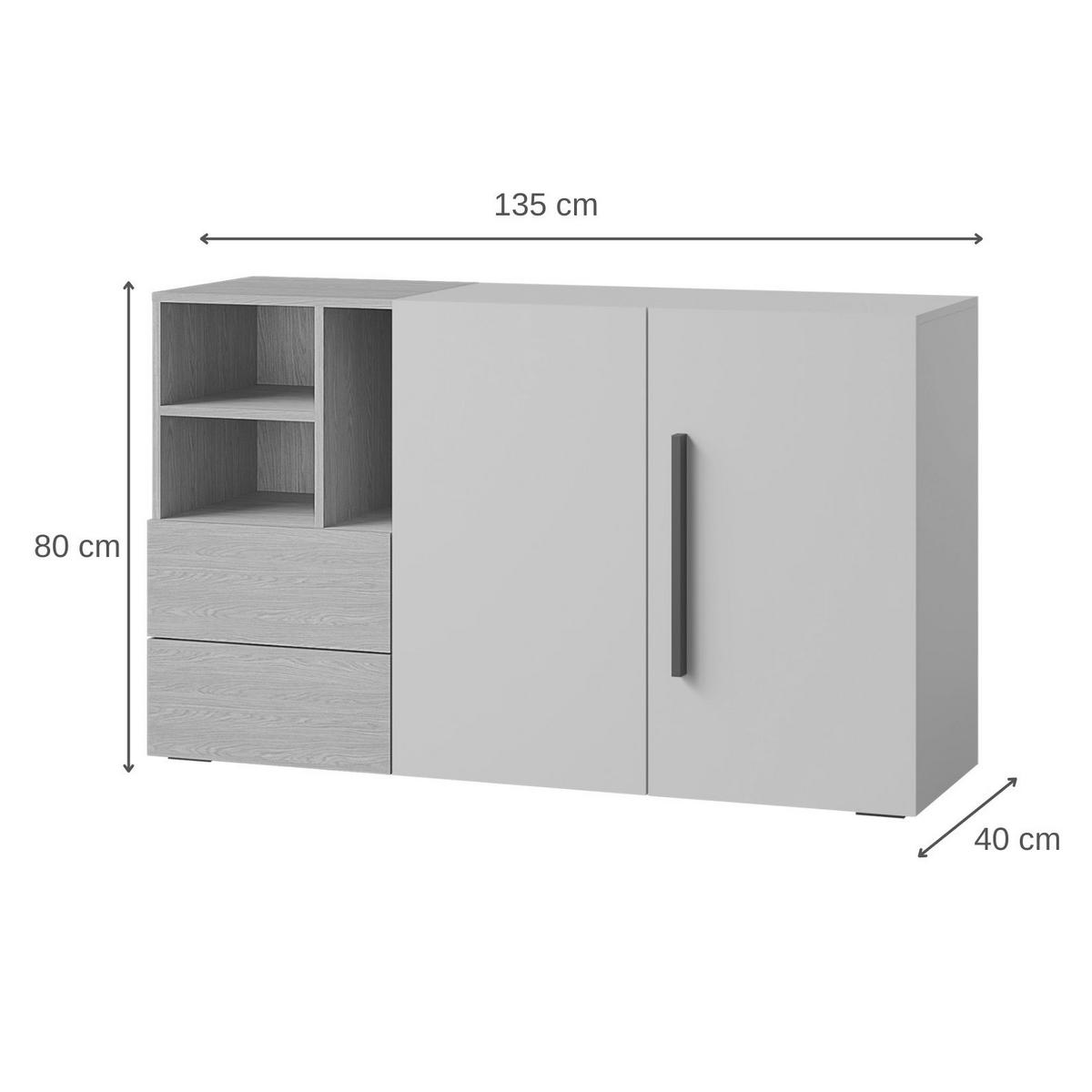 KOMODA Largo se 2 dvířky, 2 zásuvkami a otevřenými přihrádkami, 135 cm, do studentského pokoje, kašmír/jarní dub - kašmírová/barva dubu, kompozitní dřevo (135/80/40cm) - Beautysofa