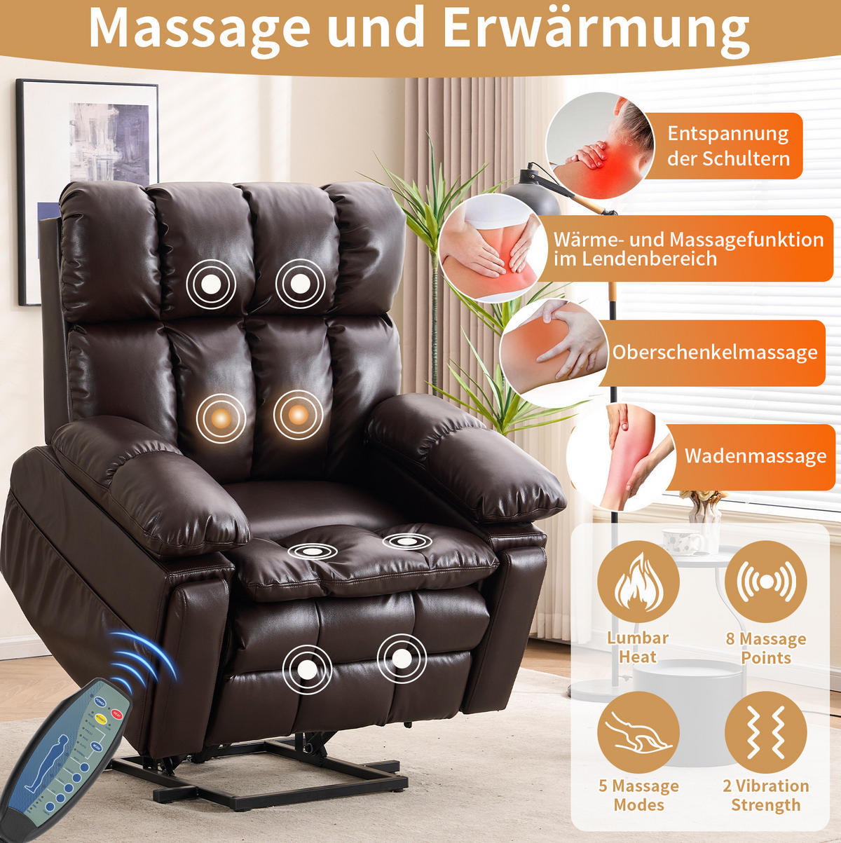 ELEKTRISCHER Fernsehsessel in Braun 107x109x109 cm mit Aufstehhilfe, Massage und Heizung - Braun, Textil (109/109/107cm) - IVMEU