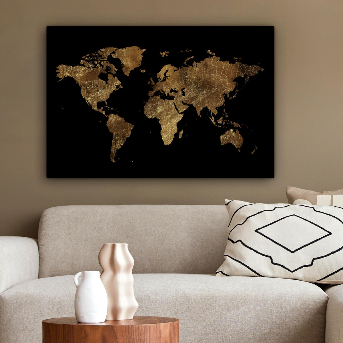 LEINWANDBILD Weltkarte - Gold - Luxus - Erde - Schwarz Gemälde 60x40 cm - Goldfarben, Textil (60/40cm) - MuchoWow