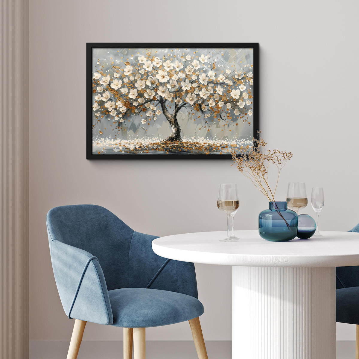 POSTER MIT RAHMEN Baum - Blumen - Weiß - Natur - Kunst 60x40 cm - Weiß, Papier (60/40cm) - MuchoWow