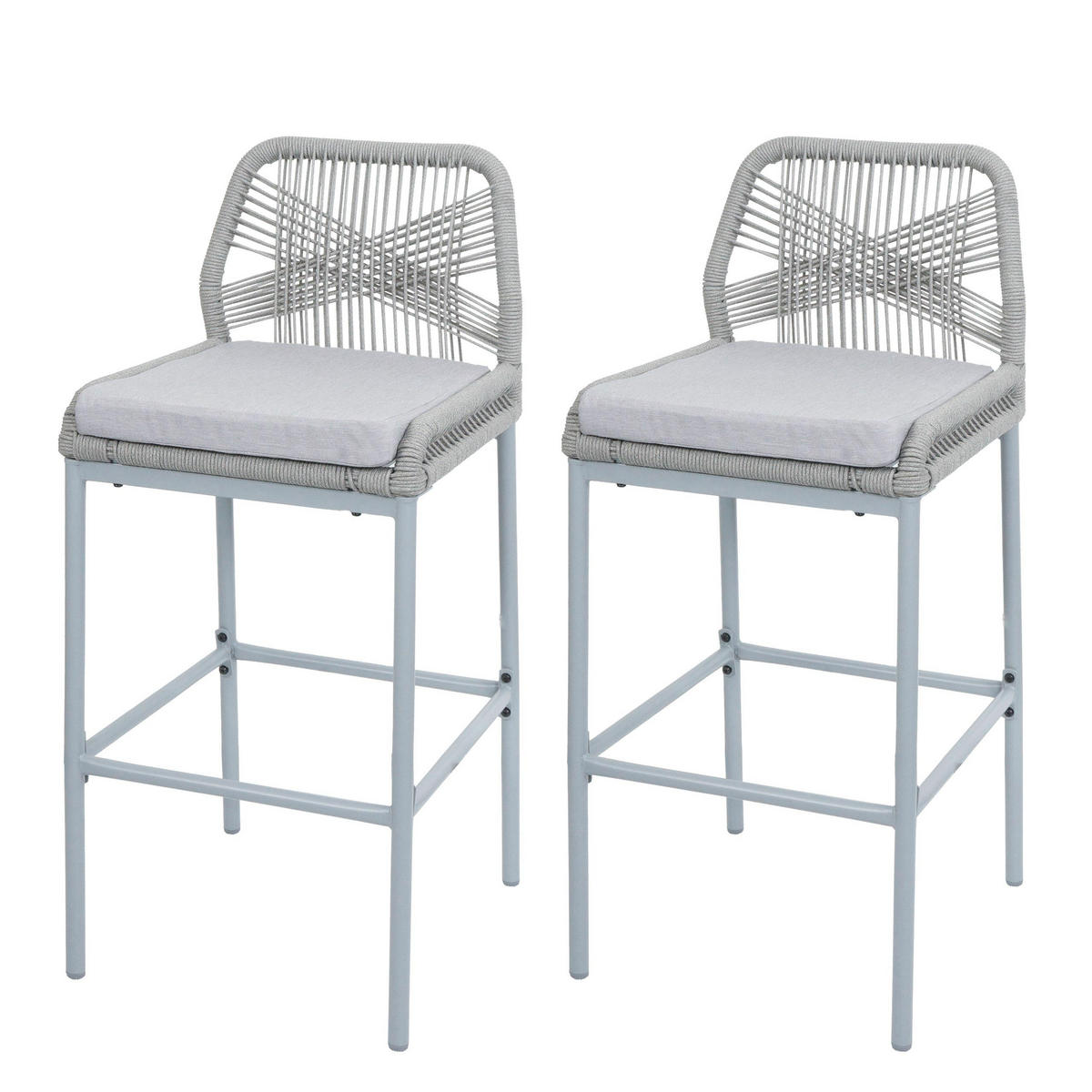 GARTENSTUHL 2er-Set HxBxT 101x45x52cm Sitzhöhe 76cm Hellgrau Kissen Hellgrau Seilgeflecht Metall - Hellgrau, Metall (45/101/52cm) - PROREGAL