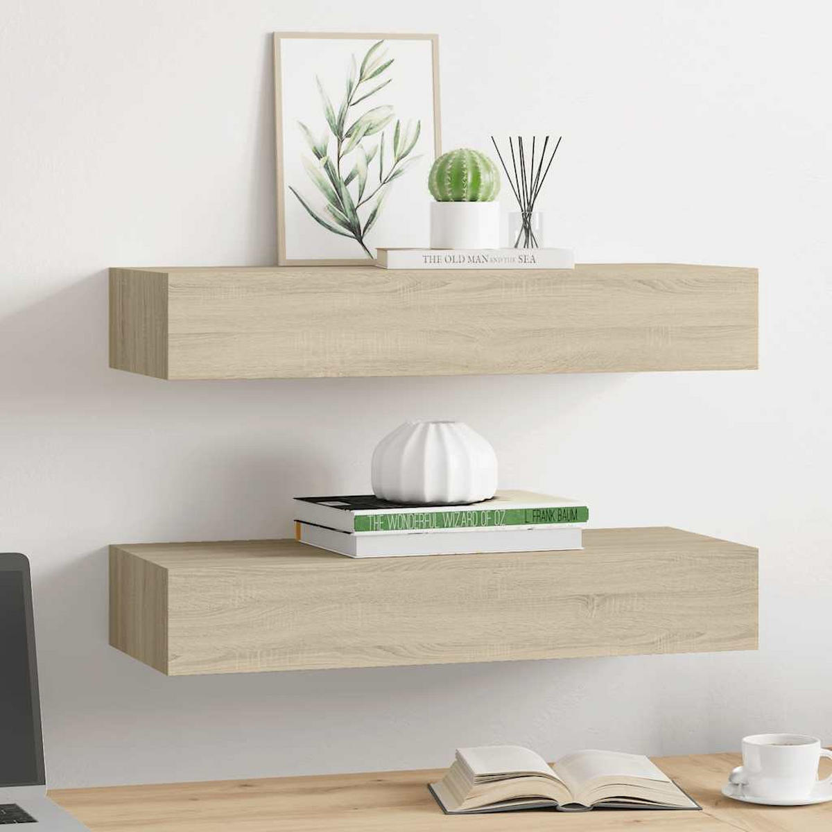 WANDREGALE mit Schubladen 2 Stk. Eichen-Optik 60x23,5x10 cm - Braun, Holzwerkstoff (60/10/23.5cm) - furnicato