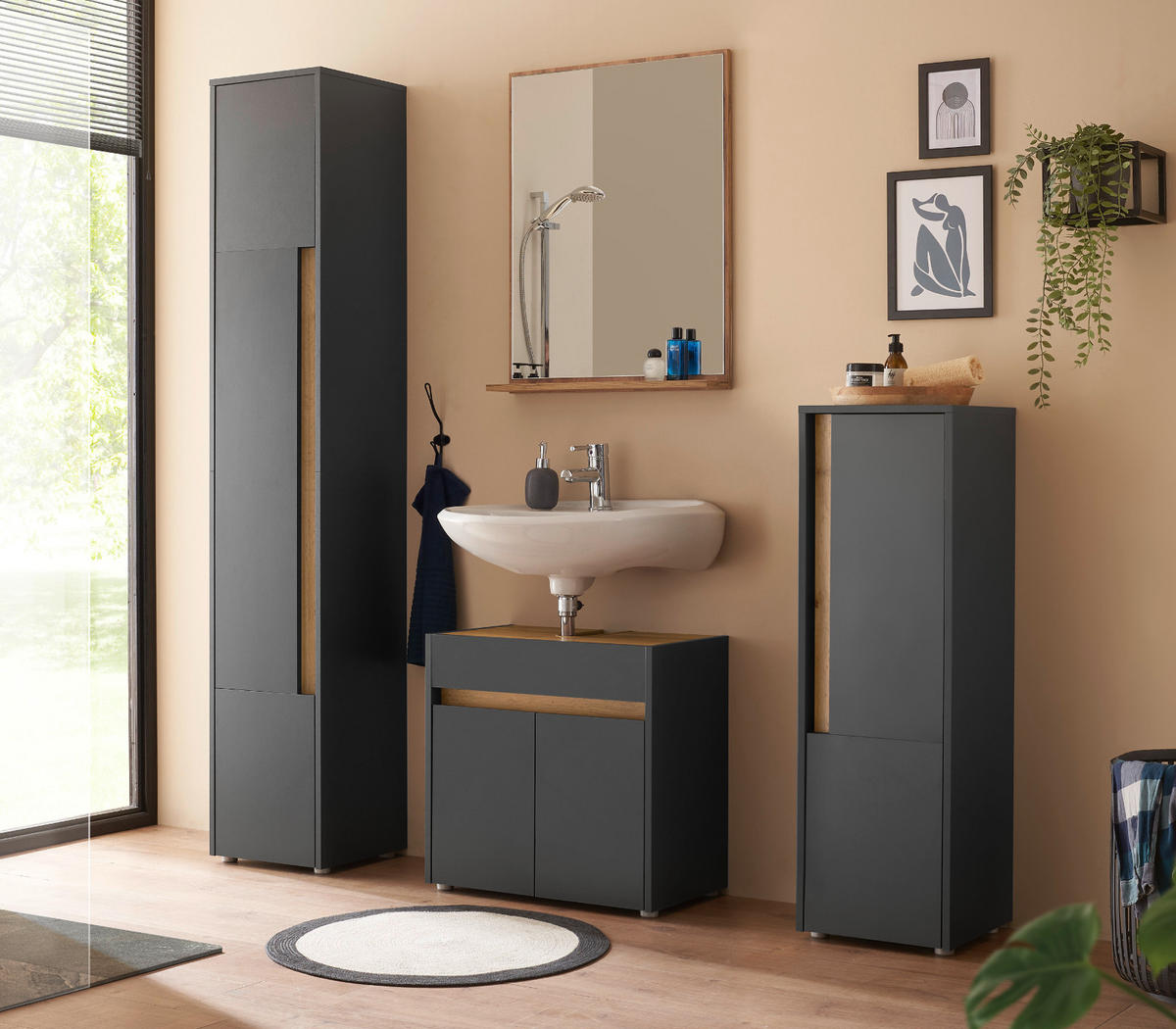 BAD-MIDISCHRANK grau matt, Wotan Eiche, Badmöbel Kommode 34 x 114 cm - Eiche Wotan/Schwarz, Holzwerkstoff/Kunststoff (34/114/34cm) - Furn.Design
