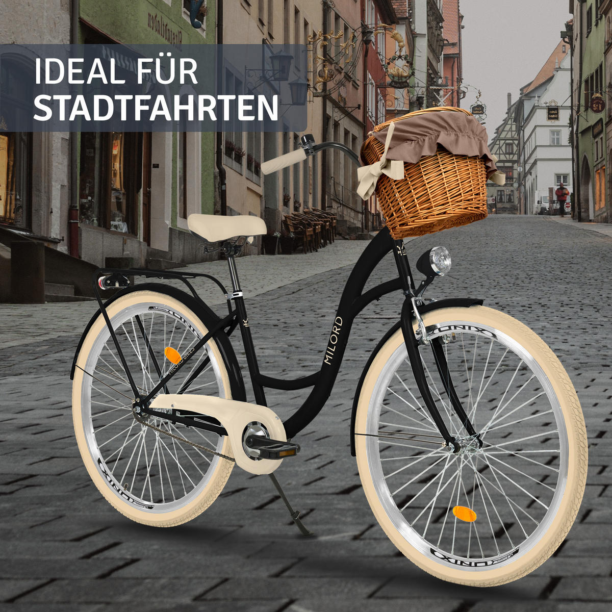CITY-FAHRRAD Milord mit Weidenkorb, 28 Zoll, Schwarz-Creme, 1-Gang - Creme/Schwarz, Metall (46cm) - Milordbikes