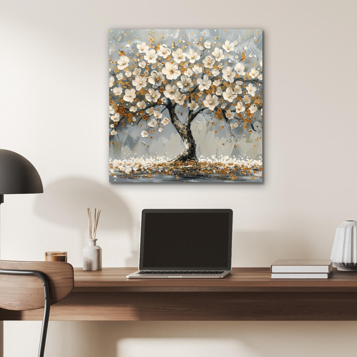 KOVOVÝ OBRAZ Strom - Kvety - Biela - Príroda - Umenie 50x50 cm - biela, kov (50/50cm) - MuchoWow