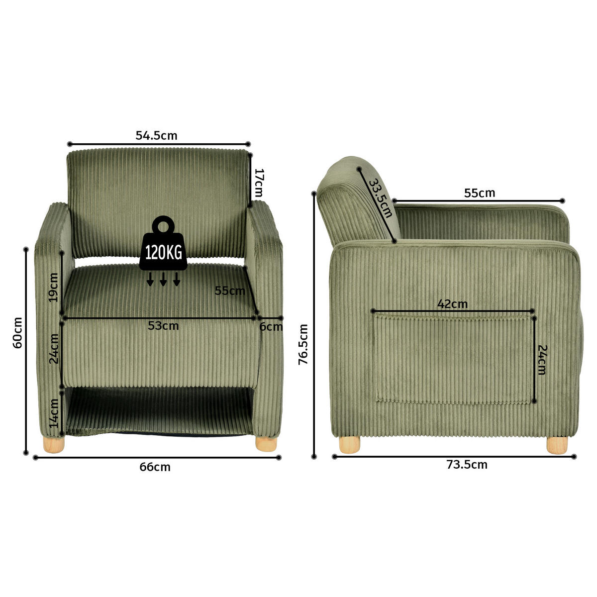 SESSEL, 2er-Set, mit Armlehnen, Cordbezug und Massivholzfüßen, Beige und Grün - Beige/Grün, Holz/Textil (66/76.5/73.5cm) - Meubles Cosy