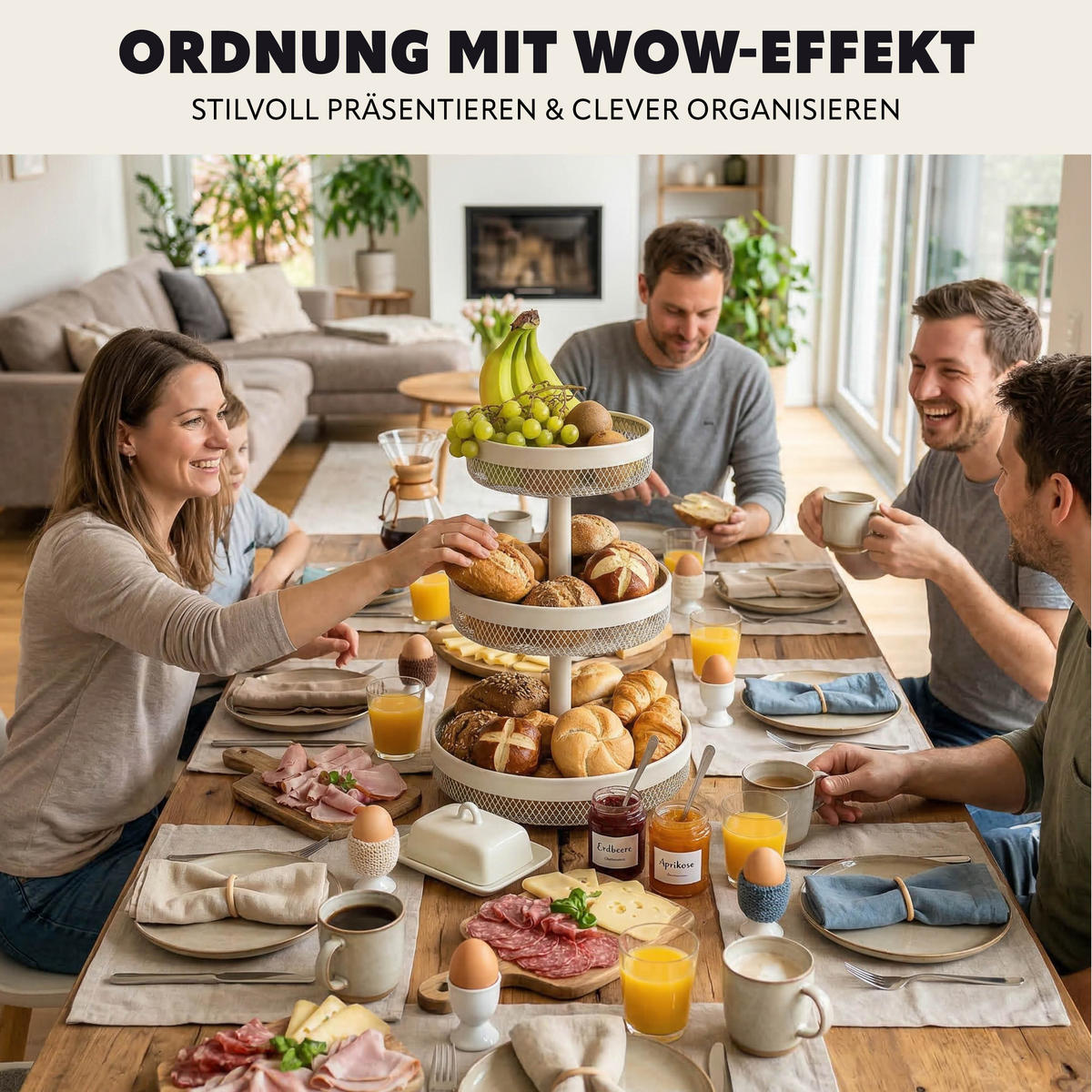 OBSTETAGERE rund, 3-stöckig, Ø 20 cm, 25 cm und 30 cm, beige, Metall - Beige, Metall (30/42cm) - eluno