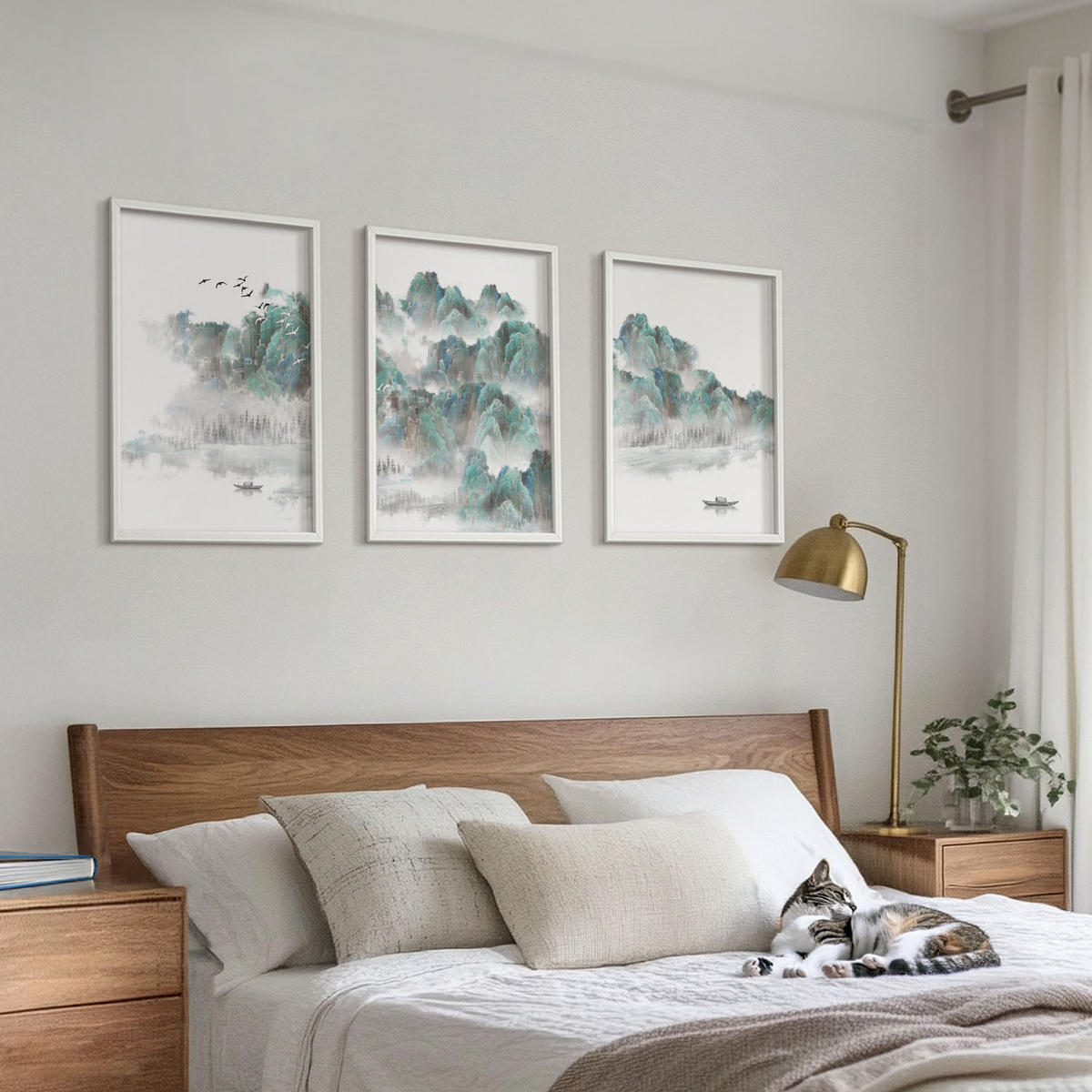 WANDBILDER 3er-Set - 40x60 cm Weißer Rahmen - Berge, Wolken, Vögel, Boot, Japandi - Weiß, Kunststoff (40/60cm) - ArtPrintCave