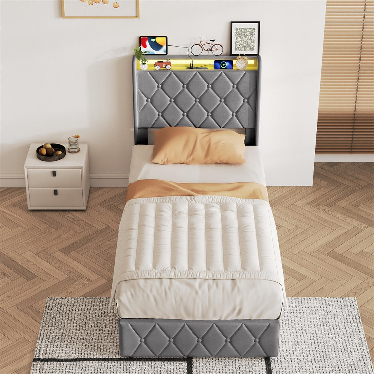 POLSTERBETT 90x200 cm mit hydraulischem Stauraum - Kopfteil Regal & LED - USB - ohne Matratze - Grau - Grau, Textil (90/200cm) - DELFA
