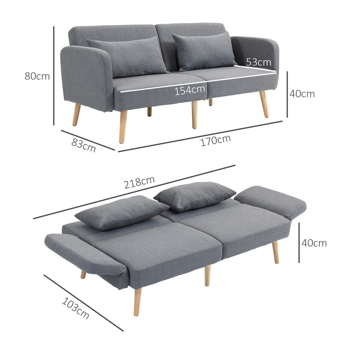 SCHLAFSOFA klappbar 170 cm Polyester Grau - Grau, Textil (170/80/83cm) - IVMEU