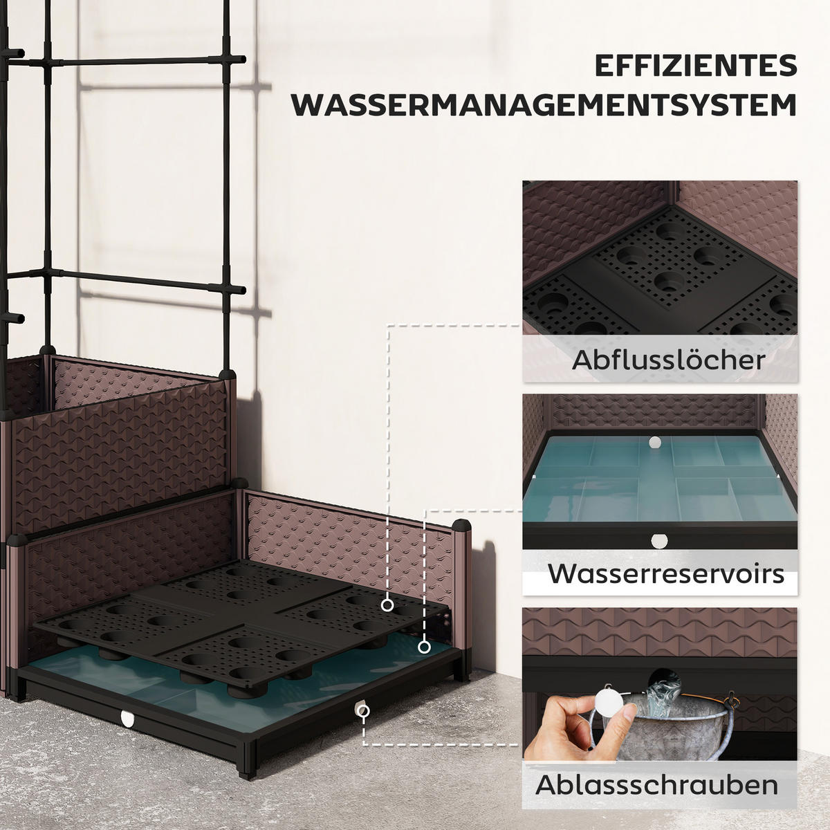 HOCHBEET Pflanzkasten mit Rankgitter, Abflusslöchern, Pflanzkübel aus Kunststoff - Schwarz, Metall (50/174/100cm) - Outsunny