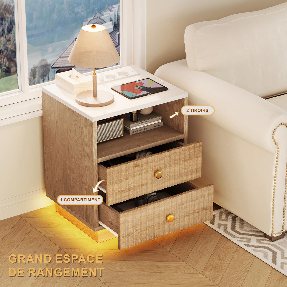 NOČNA omarica, 2-delni komplet z vtičnico, LED, stranska mizica, les, 2 predala, USB - naravne barve, les (38/55/44cm)