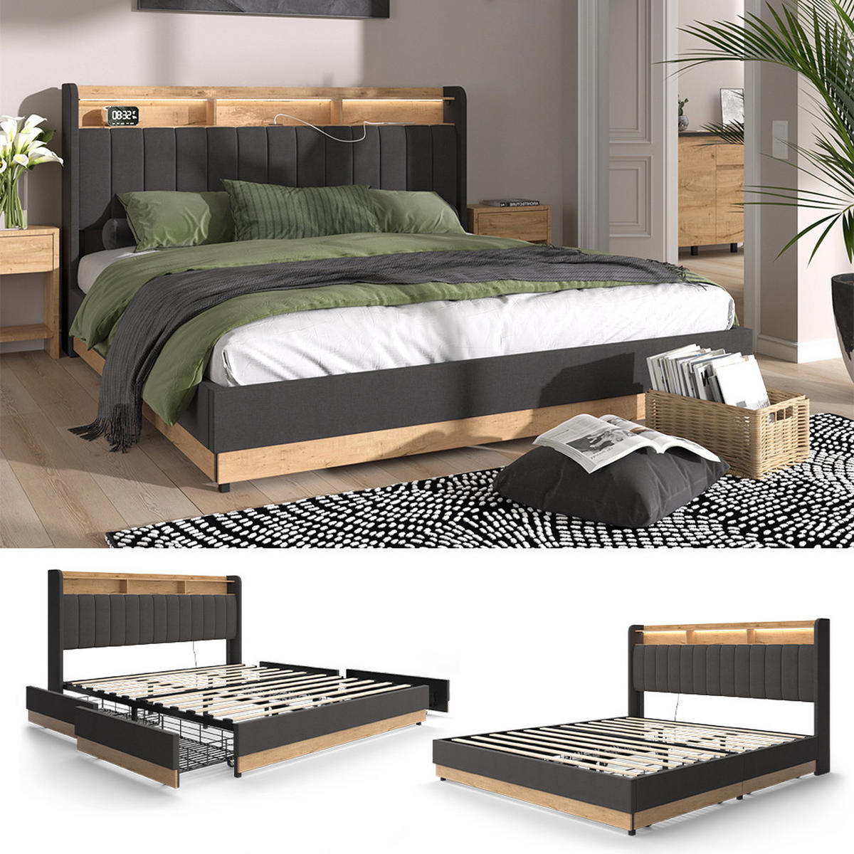 ČALOUNĚNÁ POSTEL Nura Antracit - antracitová/barva dubu, kompozitní dřevo - VitaliSpa