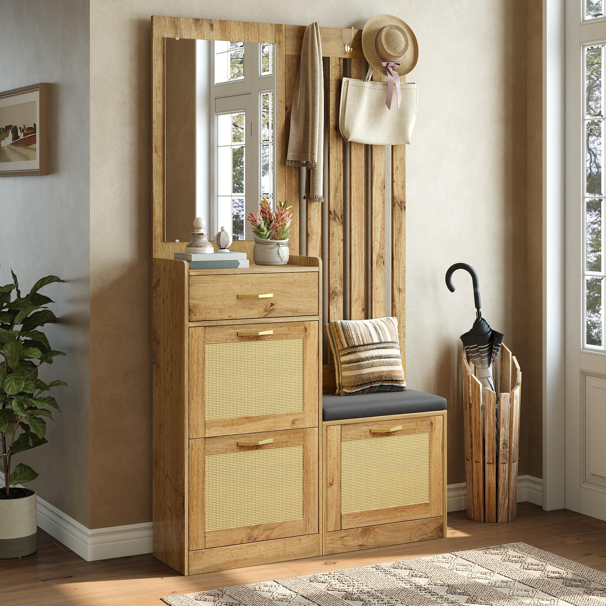 GARDEROBE Garderoben-Set mit Sitzbank und Spiegel, Haken, Schuhschrank, Rattanoptik, Flur Stauraum MDF Natur - Naturfarben, Glas/Holzwerkstoff (99.5/180/26cm) - EVRYAE