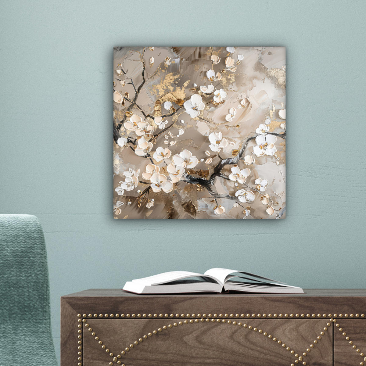 LEINWANDBILD - Blumen - Weiß - Gold - Beige - Luxus - 20x20 - Wandbilder - Greige, Textil (20/20cm) - MuchoWow