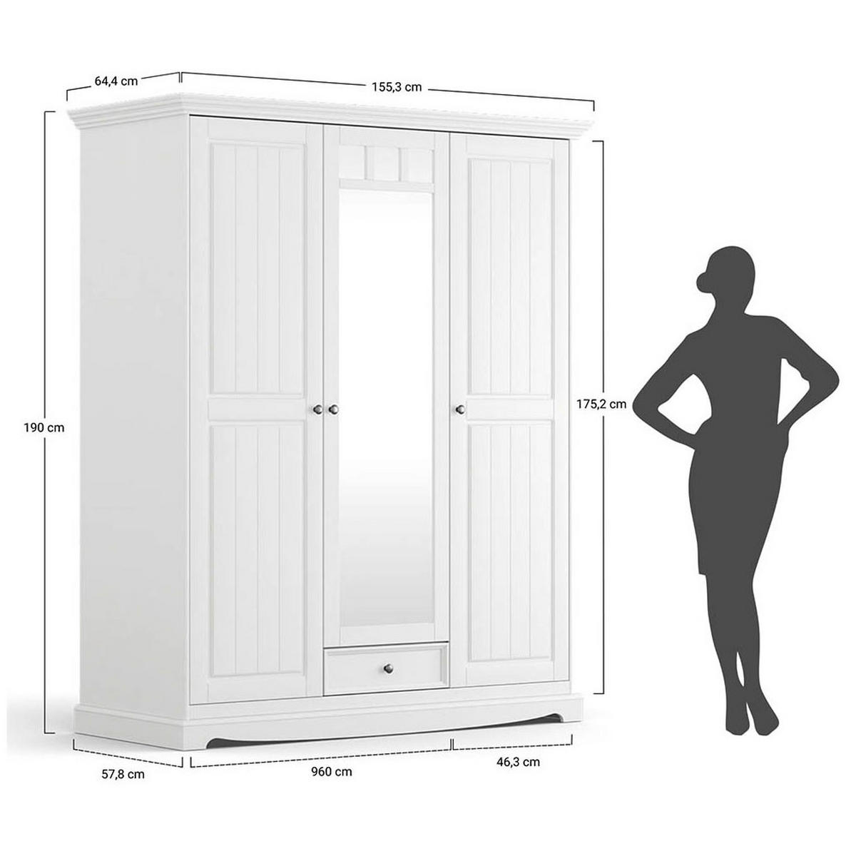 KLEIDERSCHRANK Belluno Elegante Kiefer weiß (RAL9010) lackiert / Kiefer gebeizt, Eichefarben 155 / 64 / 190cm - Eichefarben/Weiß, Holz/Metall (155/190/64cm) - Feldmann-Wohnen