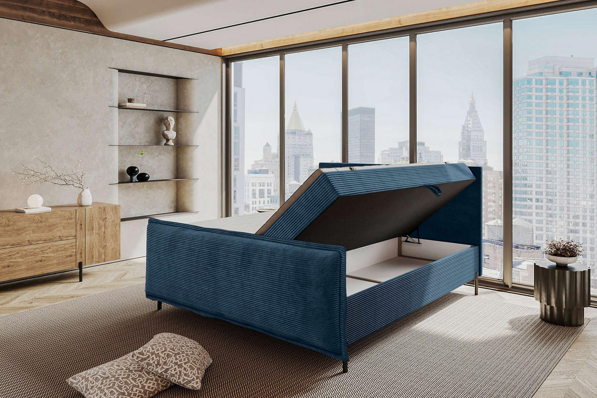 BOXSPRINGBETT VERO PLUS Cordstoff Blau 140/200 cm - Blau/Schwarz, Holzwerkstoff/Textil (140/200cm) - 99rooms