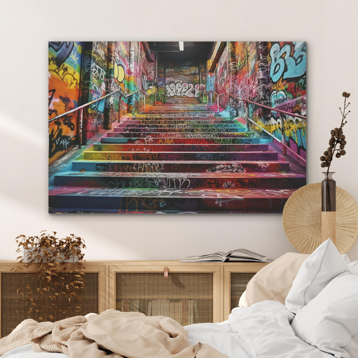 AKUSTIKPANEEL Treppe - Graffiti - Farben - Kunst 100x70 cm - Multicolor, Textil (100/0.9/70cm) - MuchoWow