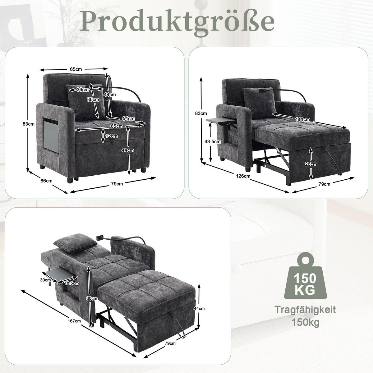 FERNSEHSESSEL Relaxsessel,Polsterliege mit Stauraum,Chenille,Grau - Grau, Textil (79/83/167cm) - LVHOM