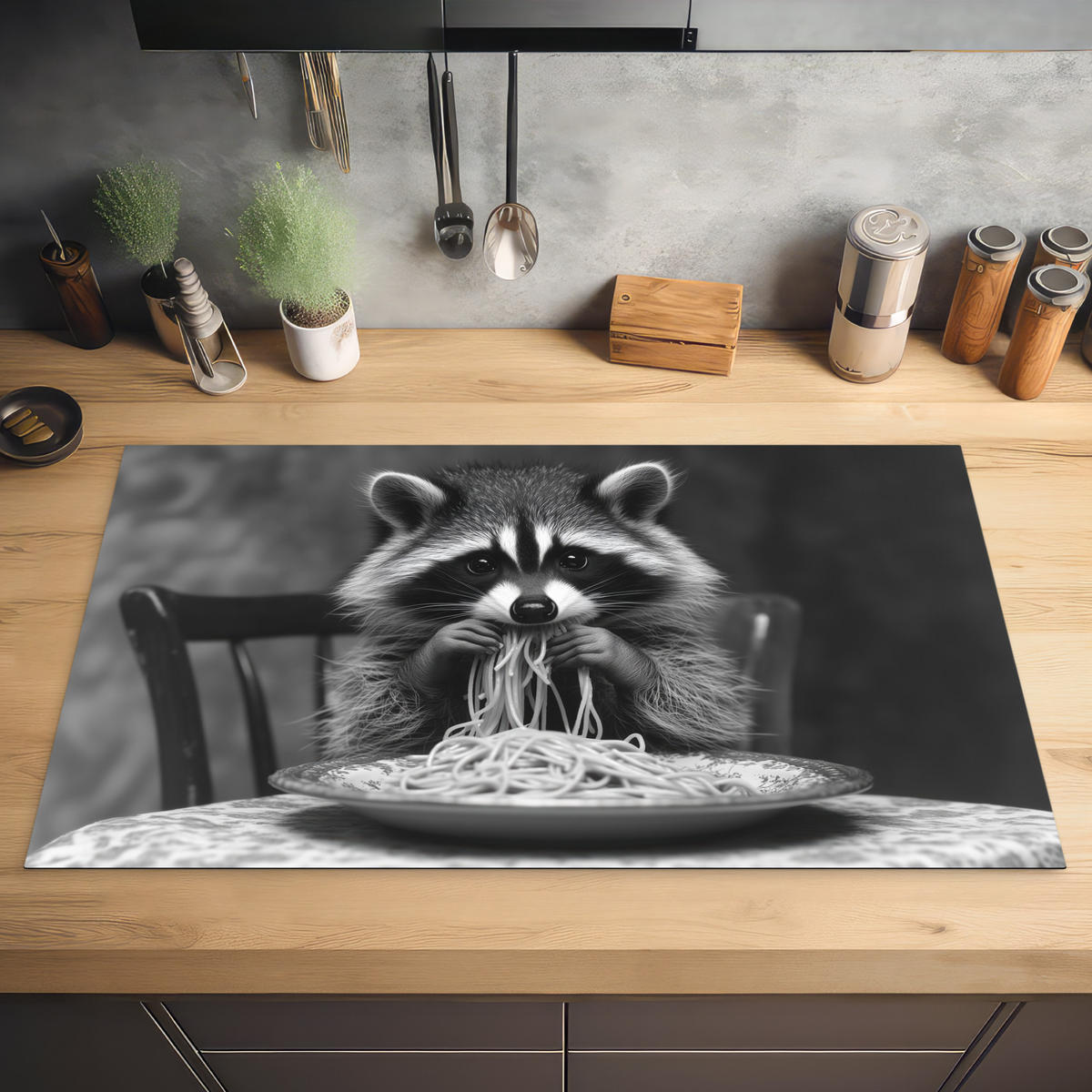 HERDABDECKPLATTE Waschbär - Niedlich - Pasta - Tischtuch - Schwarz - Weiß Ceranfeldabdeckung 90x52 cm - Grau, Kunststoff (90/52/0.2cm) - MuchoWow