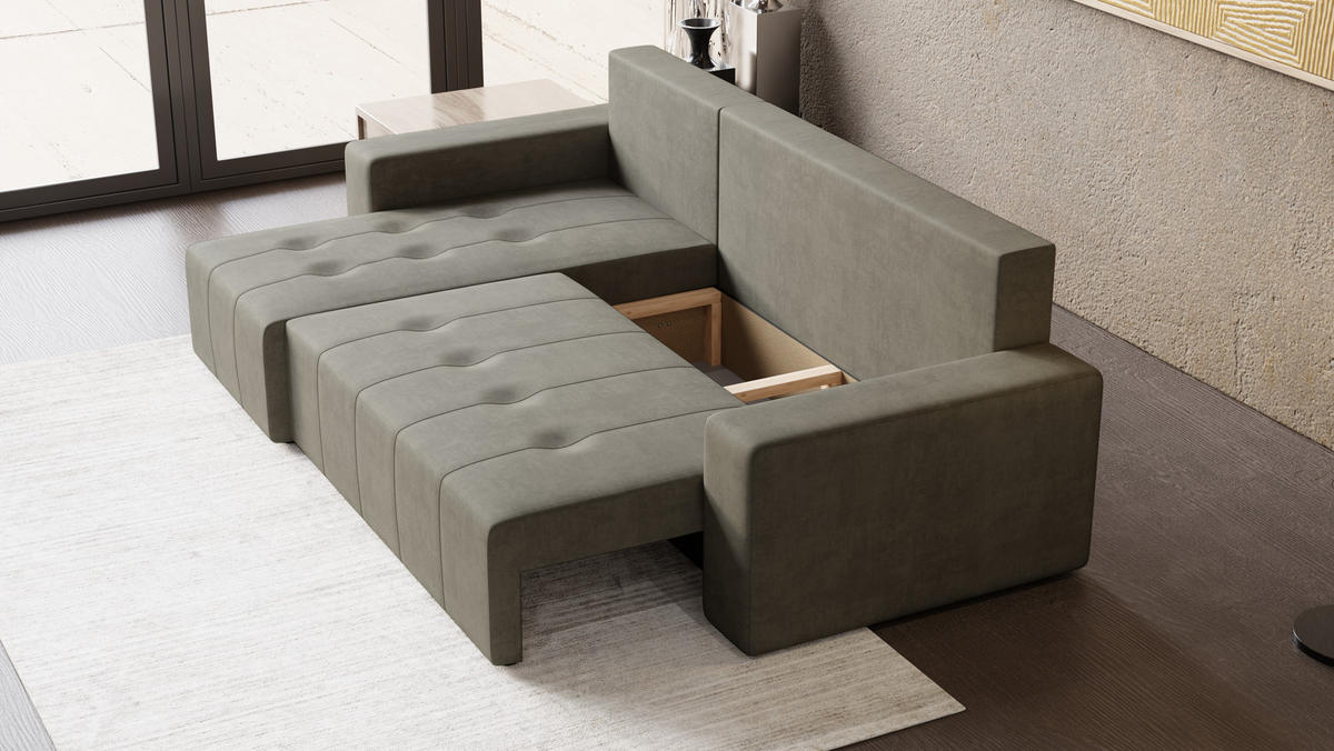 ECKSOFA Tico mit Bettkasten und Schlaffunktion, L-Form/XL-Form, Velourstoff, Universal - Hellgrau, Holzwerkstoff (246/145cm) - 4ALL HOME