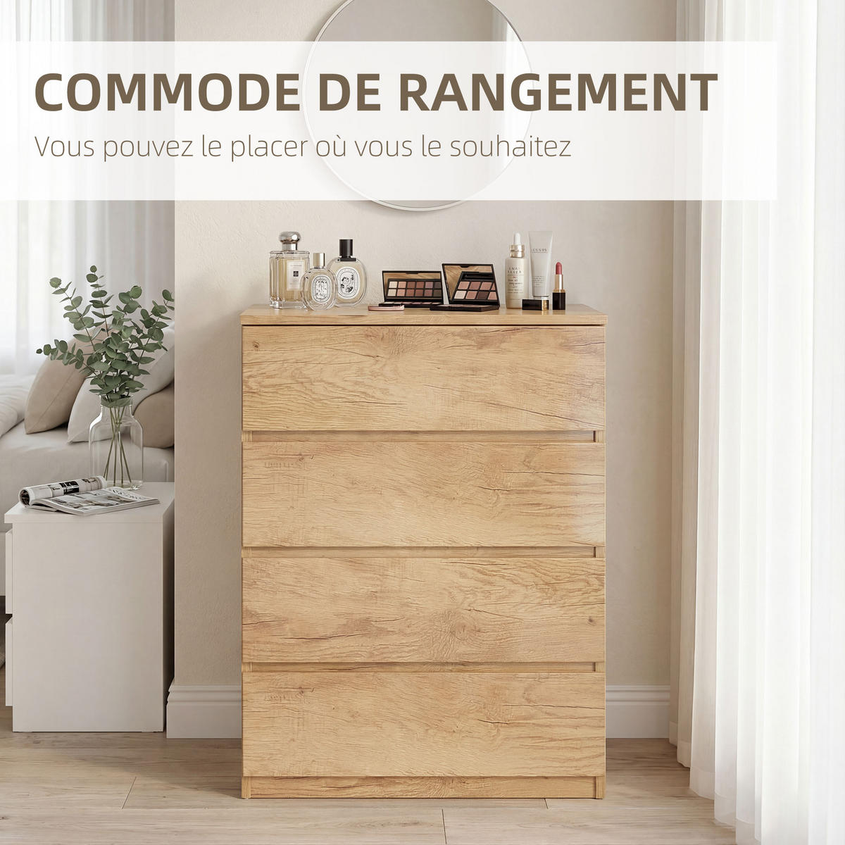 KOMOODE DE-12863 4 Schubladen, grifflos, minimalistisch Natur - Naturfarben, Holzwerkstoff (60/80/40cm) - ComfortXL
