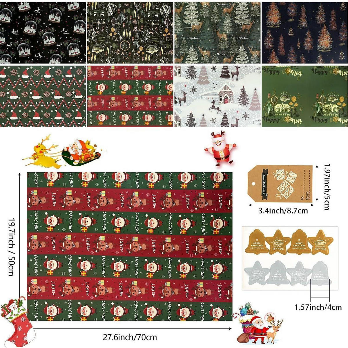 GESCHENKPAPIER Set Weihnachten 8 Blatt 70x50 cm Grün und Marineblau - Multicolor, Papier (50/0.1/70cm)