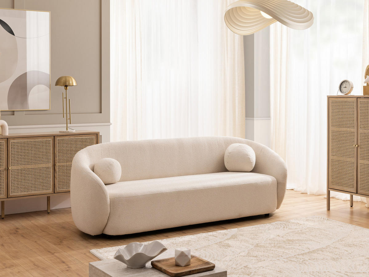 3-SITZER-SOFA Roundi Cremeweiß Bouclé - Creme/Schwarz, Holz/Kunststoff (208/76/80cm) - S-Style Möbel