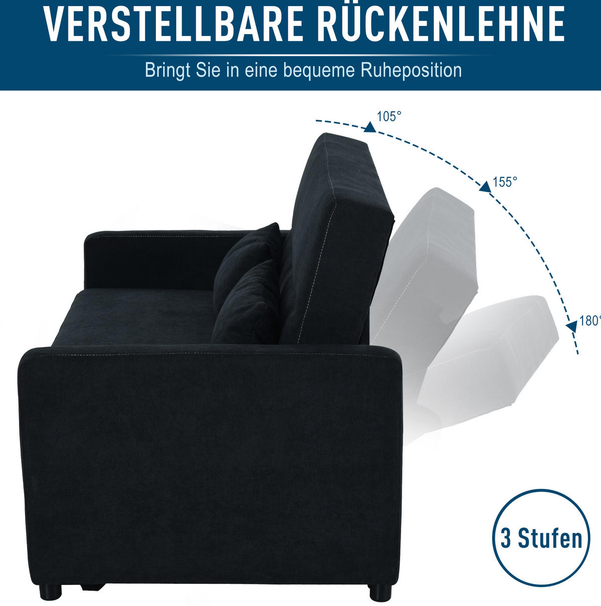 SCHLAFSOFA Samt mit Schlaffunktion, verstellbarer Rückenlehne 155/90/88,5 cm Schwarz - Schwarz, Textil (90/88.5/155cm) - Redom