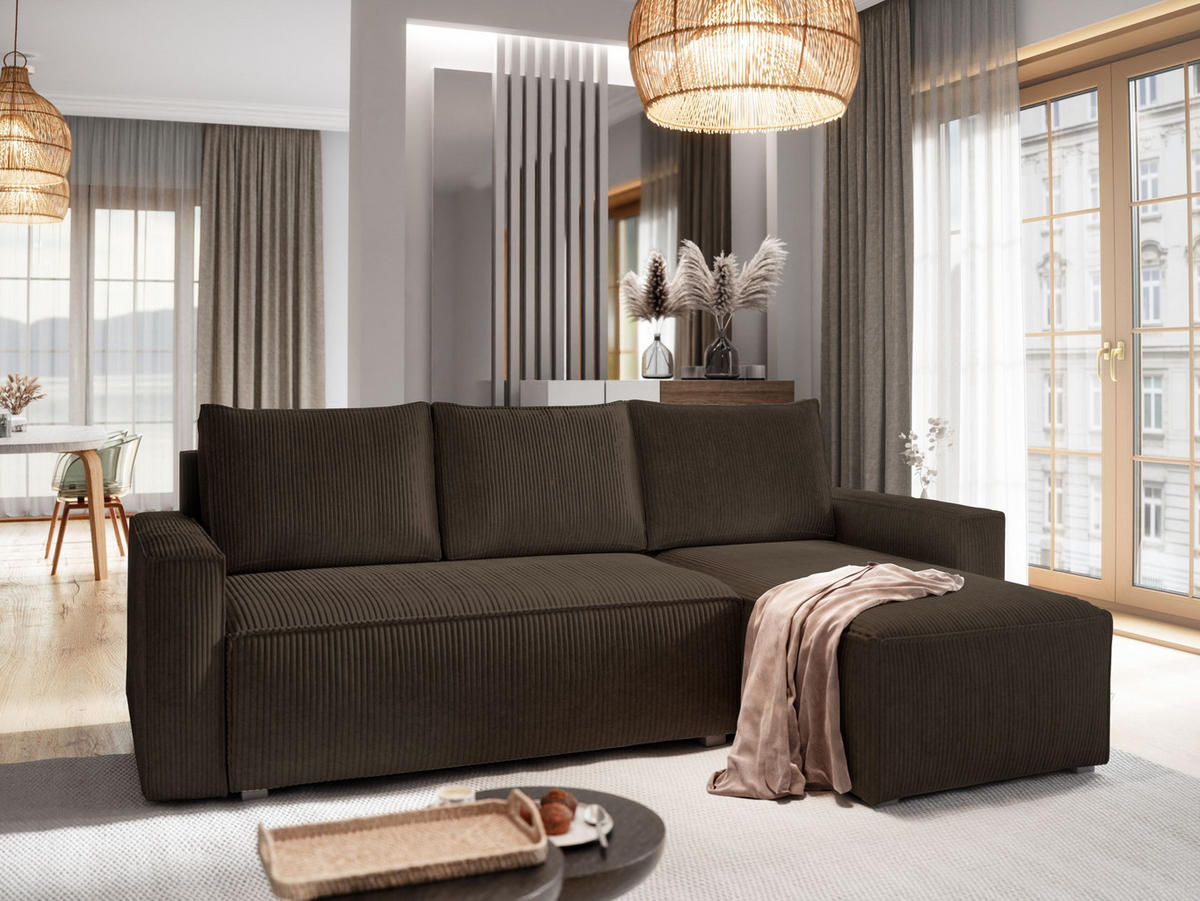 ECKSOFA POTARO Braun Kordstoff mit Schlaffunktion - Braun, Holz (232/140cm) - MASSENO