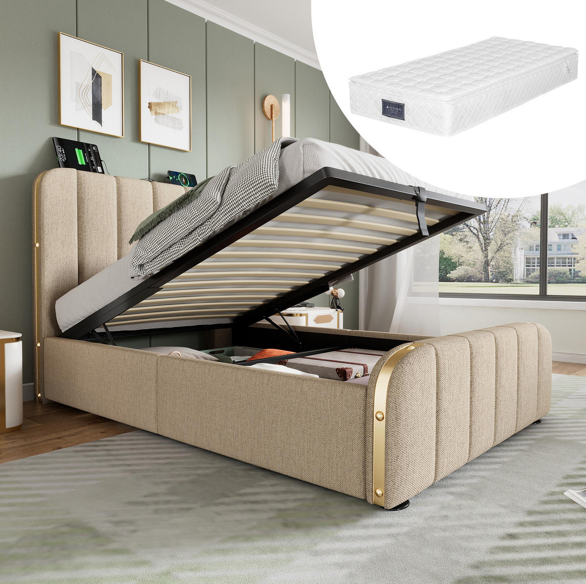 POLSTERBETT 90/200 cm Beige mit Stauraum und USB- und Type-C-Anschlüssen - Beige, Textil (90/200cm) - Flora Grace