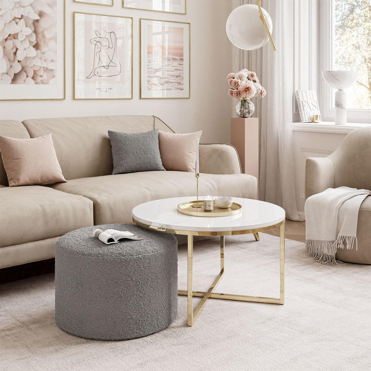 COUCHTISCH CIRI-X mit Hocker Gold Chrom|Weiß Hochglanz|Ascot taupe - Weiß Hochglanz/Goldfarben, Holzwerkstoff/Textil (70/70/46cm) - Lookway