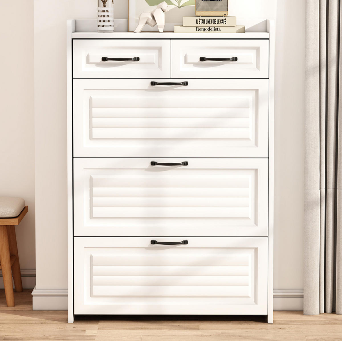 SCHUHSCHRANK mit Schubladen und Türen, weiß matt / Eichen-Optik, moderner Stauraum für Wohnzimmer, 131/23,5/80 cm - Weiß, Holzwerkstoff (131/23.5/80cm) - Redom