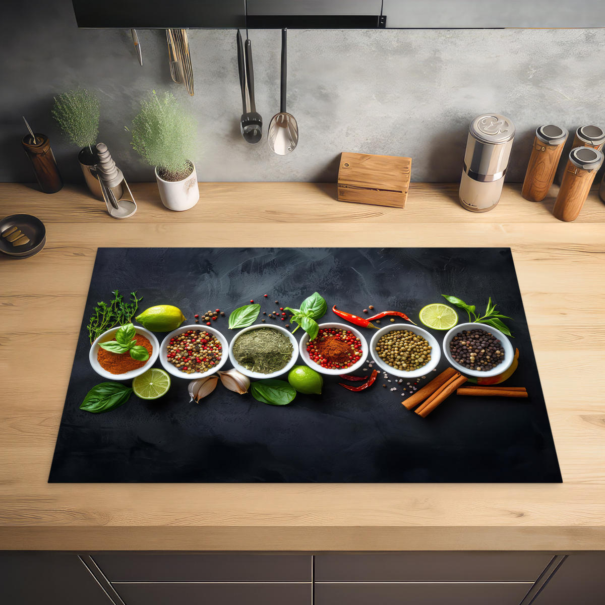 HERDABDECKPLATTE Kräuter - Gewürze - Konkrete Optik - Stilleben Ceranfeldabdeckung 80x52 cm - Multicolor, Kunststoff (80/52/0.2cm) - MuchoWow