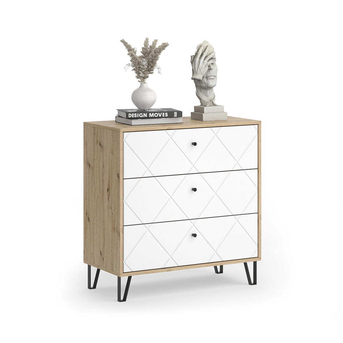 KOMMODE Nizza Artisan/Weiß 80.2 x 82.6 cm mit 3 Schubladen - Eiche Artisan/Weiß, Holzwerkstoff (80.2/82.6/40.1cm) - Vicco