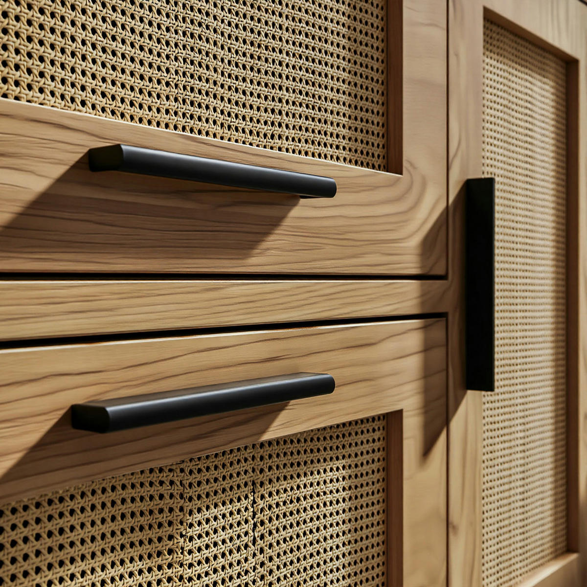 WASCHBECKENUNTERSCHRANK Eiche-Optik 60x60x40 cm mit Tür, Schubladen und Rattangeflecht - Schwarz/Braun, Holzwerkstoff/Metall (60/60/40cm) - KADIMA DESIGN
