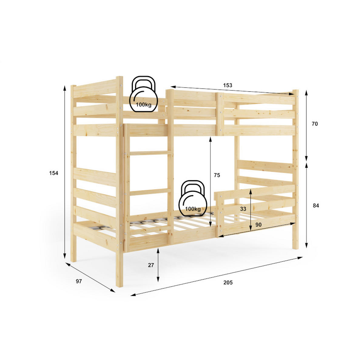ETAGENBETT Erik aus Kiefernholz mit Rausfallschutz - Naturfarben, Holz (90/200cm) - Interbeds