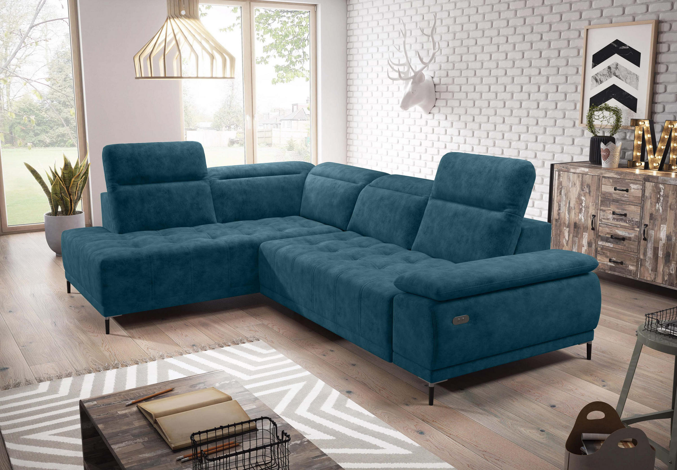 ECKSOFA FOCUS XL L-förmig Konfiguration freistehend LINKS 204x352x98cm Blue - Blau, Holz/Textil (204/352cm) - DomoHome
