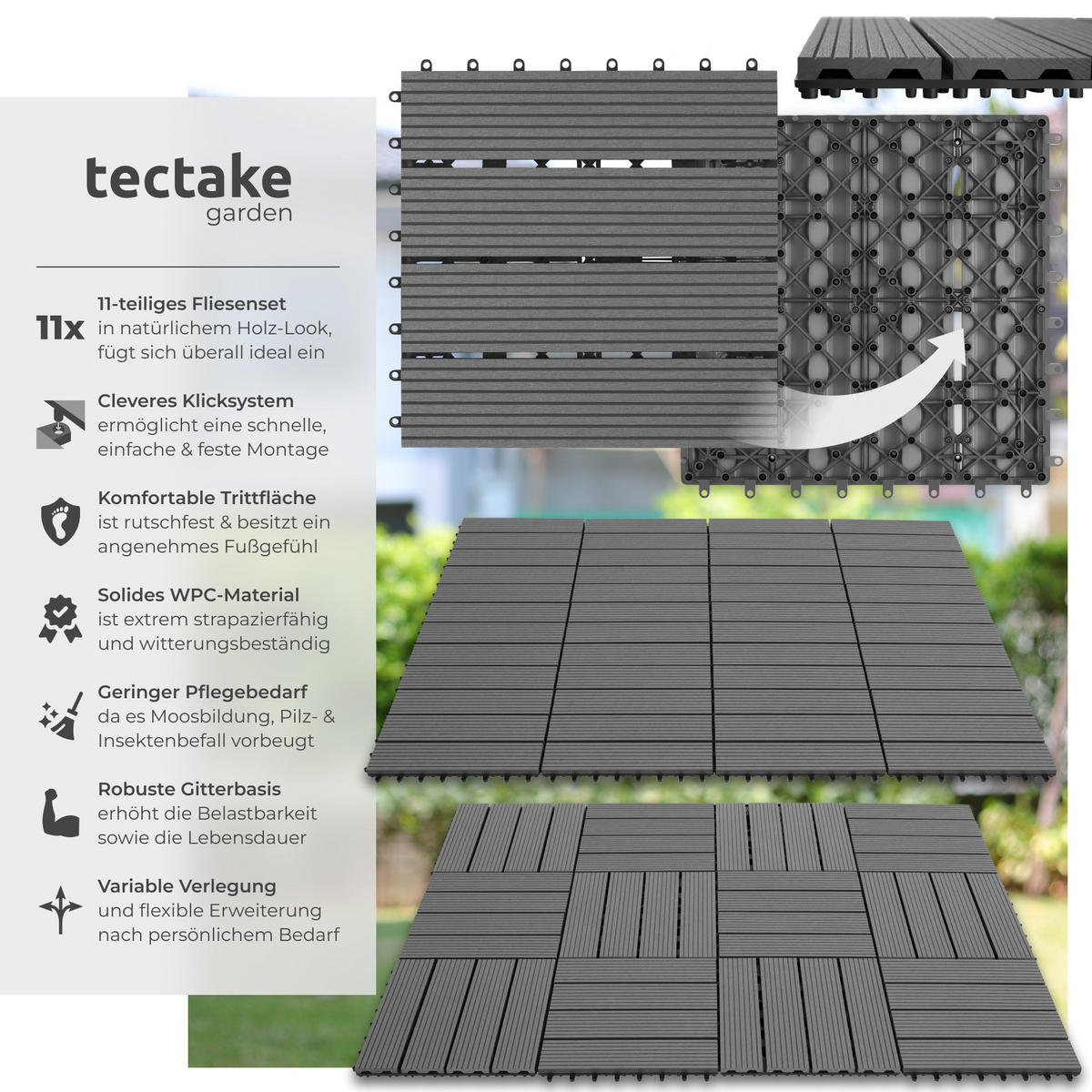 TERRASSENFLIESEN Tegulas,31 x 31 x 2,2 cm,grau - Grau, Kunststoff (31/31/2.2cm) - tectake