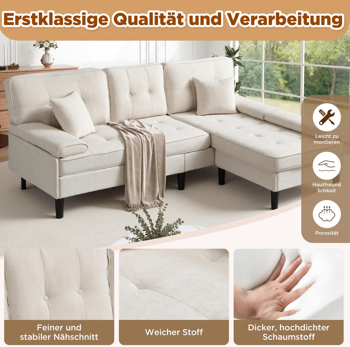 ECKSOFA Chenille mit Fußbank und modularer L-Form 195/149/86 cm Beige - Beige, Textil (149/195cm) - Redom