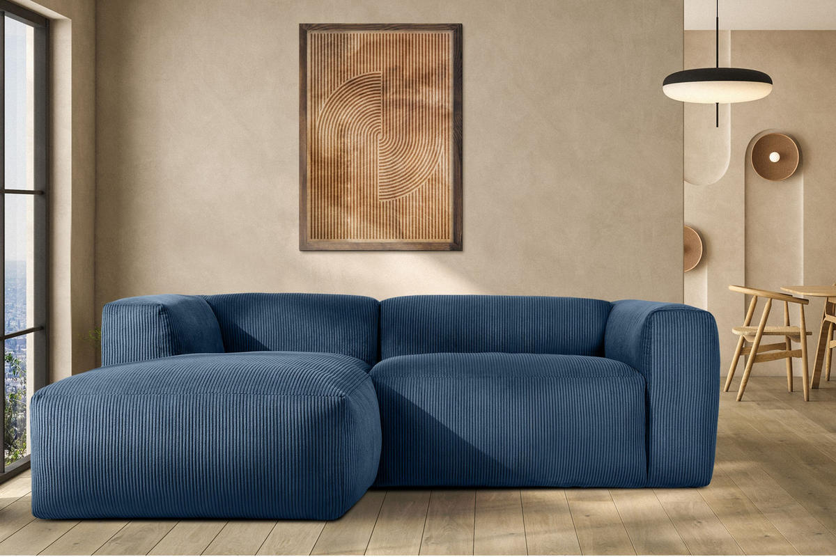ECKMODULSOFA-LINKS BUFFO 3/4 Sitzer mit extrem weicher Sitzfläche, Kordstoff, marineblau - Blau/Grün, Textil (237/180cm) - KONSIMO®